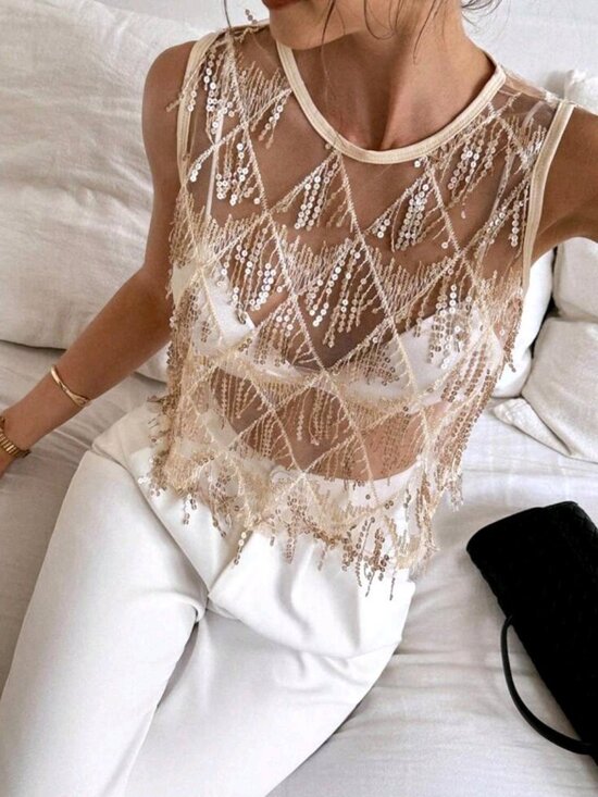 No Brand Tops - Women's Casual Vacation Music Festival Mesh See-Through Beaded Crop Top,Rave Top